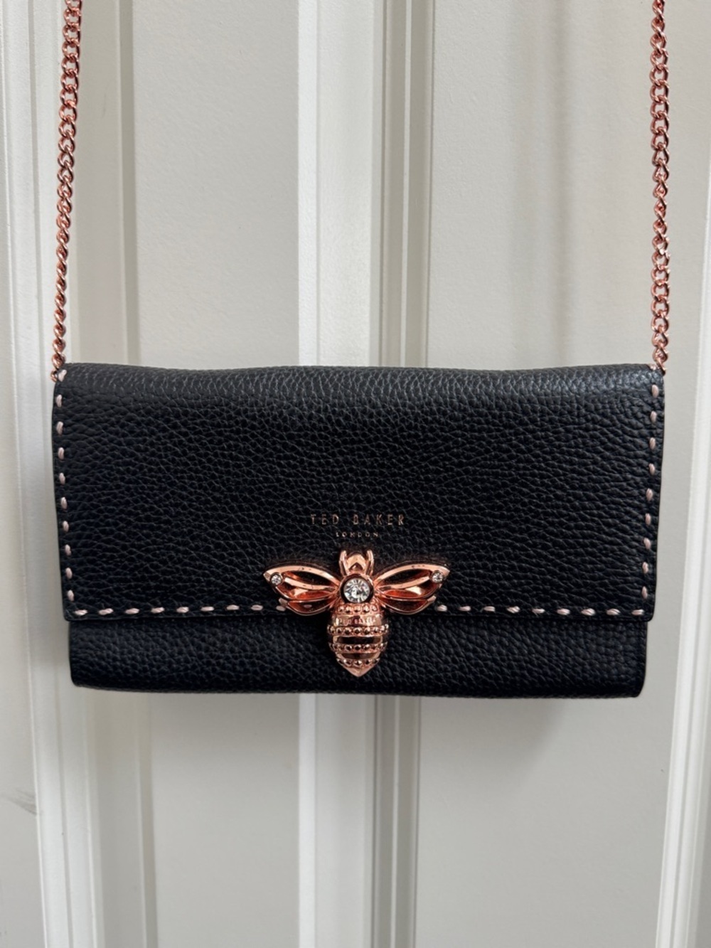 Ted Baker Black Leather Crossbody with Rose Gold Bee 🐝 Accent